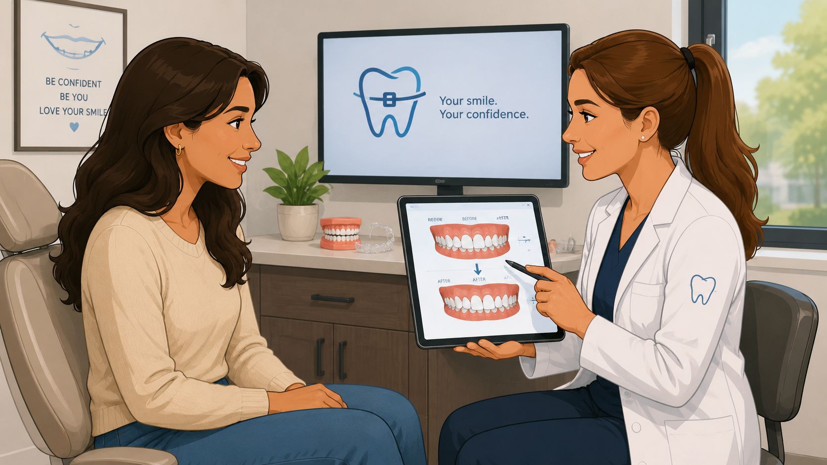 A female orthodontist explaining dental treatment options using a digital tablet to a smiling female patient.