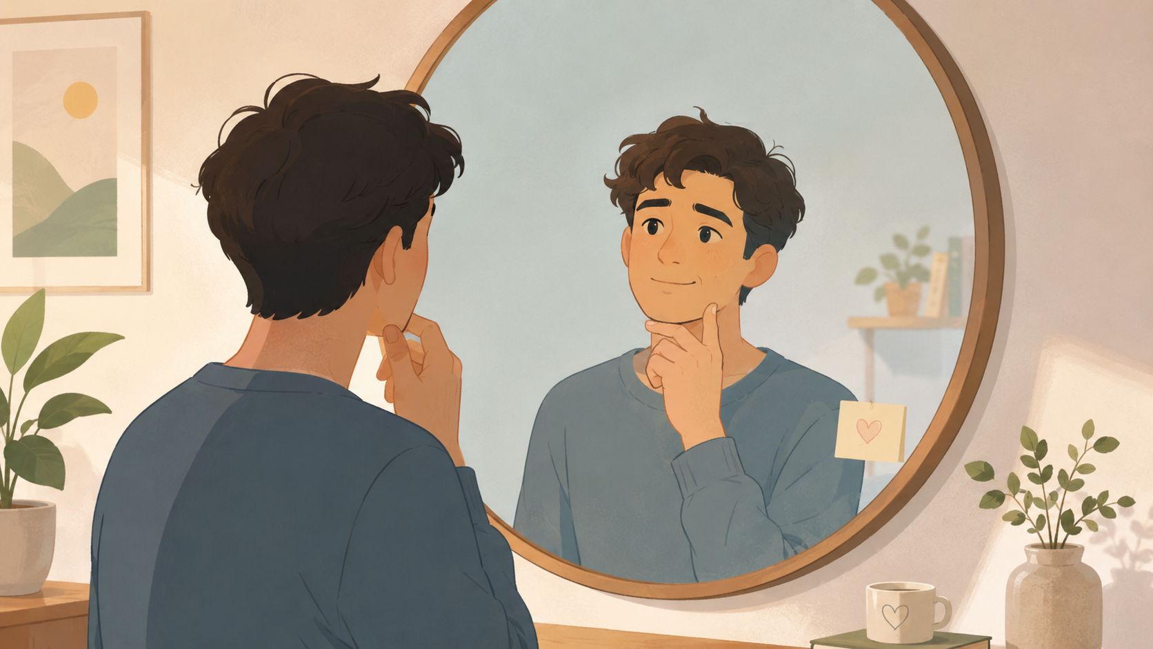 A young man looking at his reflection in a round mirror while smiling and touching his chin.