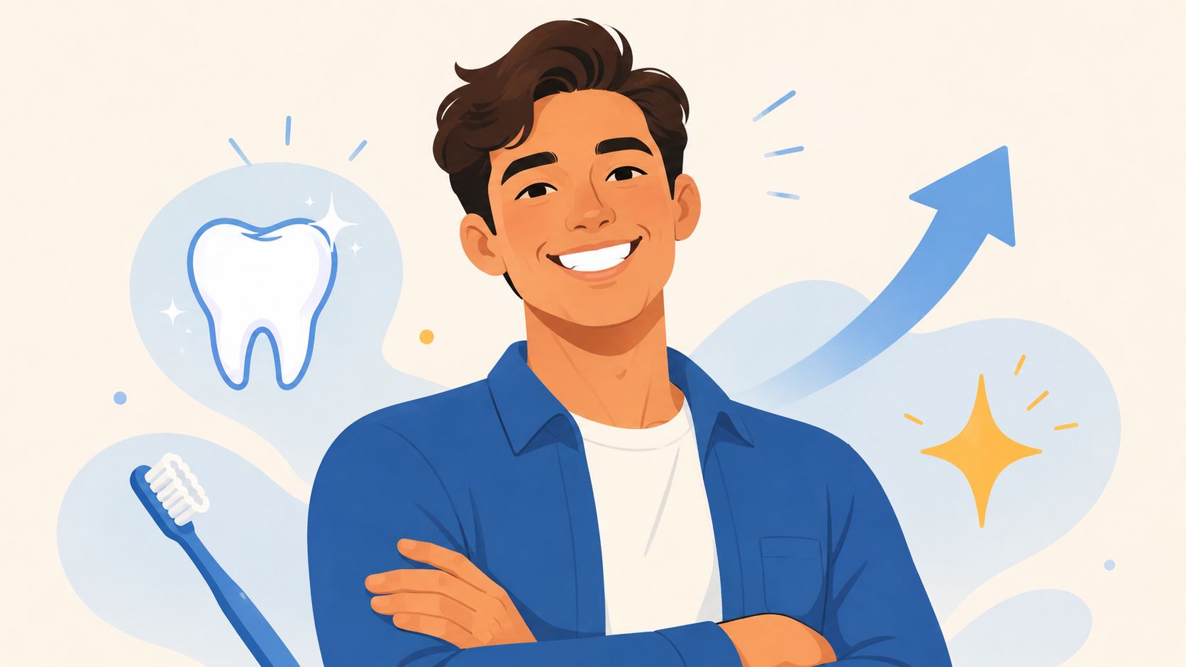 A happy young man with a bright smile standing next to a tooth icon and an arrow.