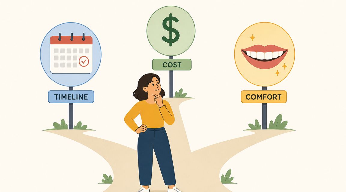 A woman stands at a fork in the path considering dental treatment options: timeline, cost, and comfort.