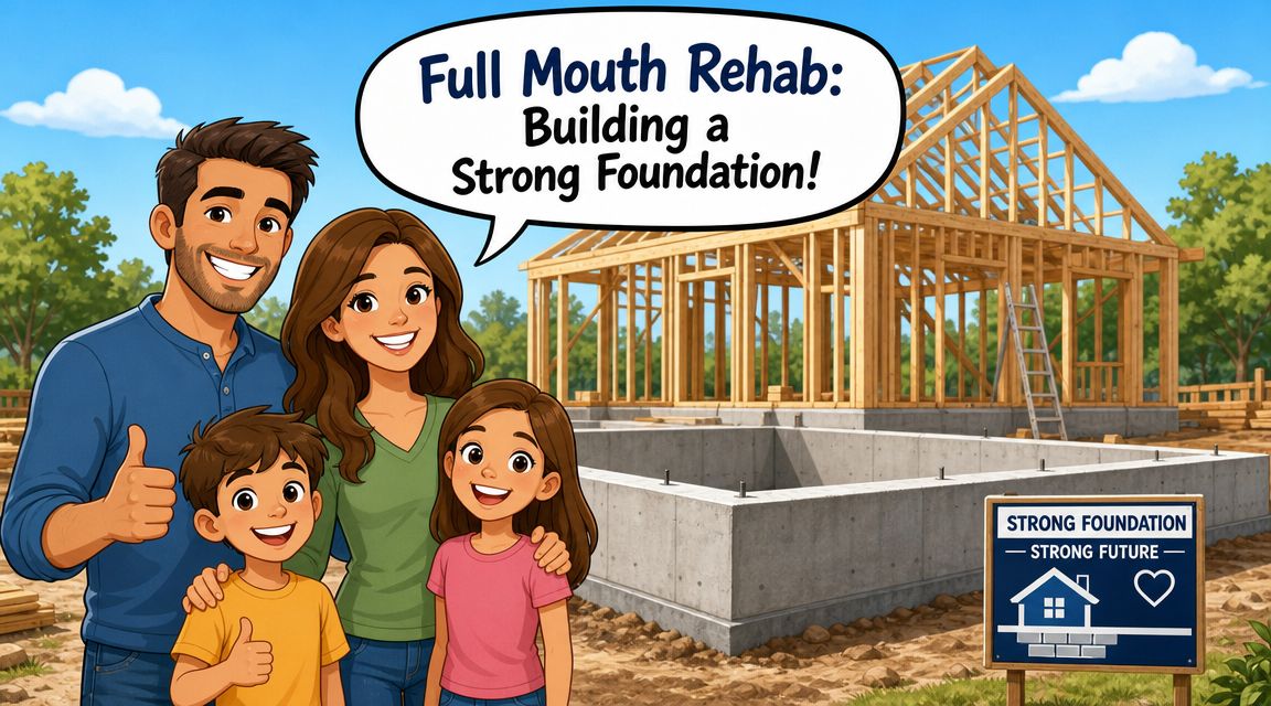 A happy family standing in front of a house under construction with a foundation and framing visible.