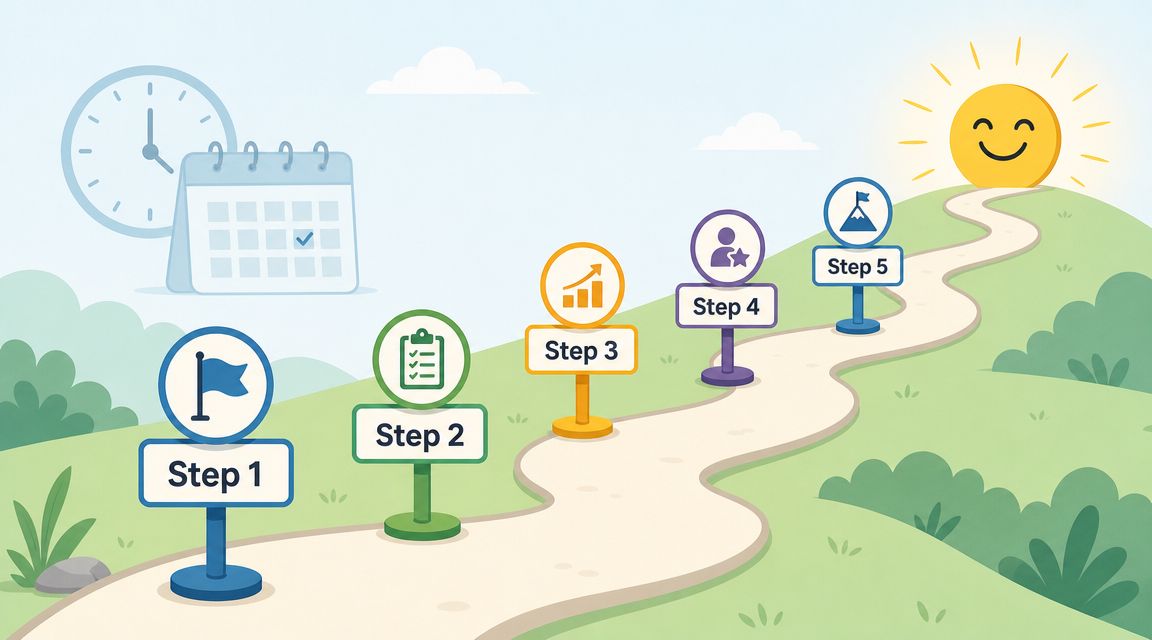 A path leading to a sun icon with five numbered steps represented by colorful icons and signs.