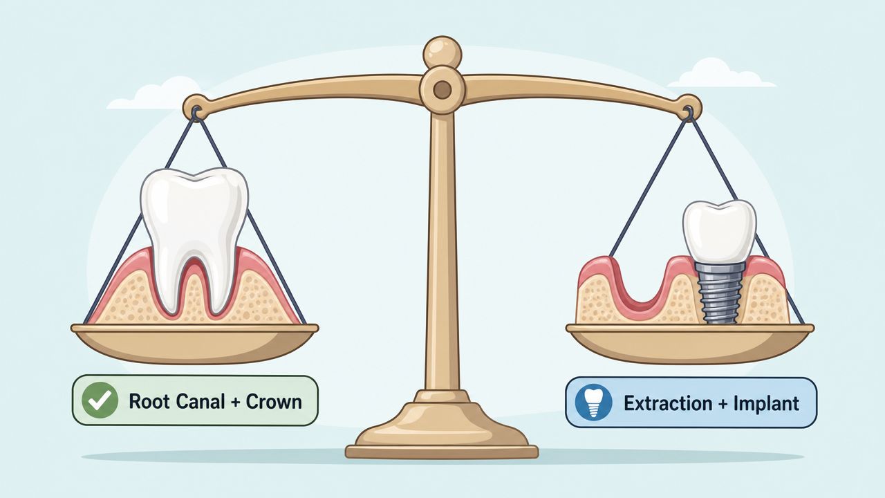 A scale comparing a natural tooth with a root canal and crown versus a dental implant.
