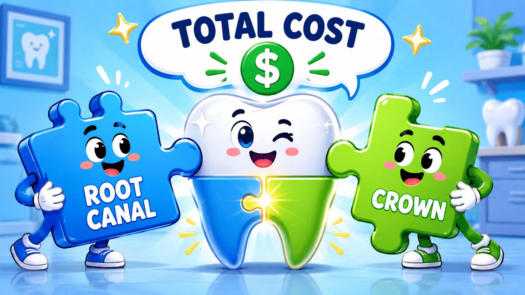 A cartoon illustration showing a tooth being assembled by root canal and crown puzzle pieces.