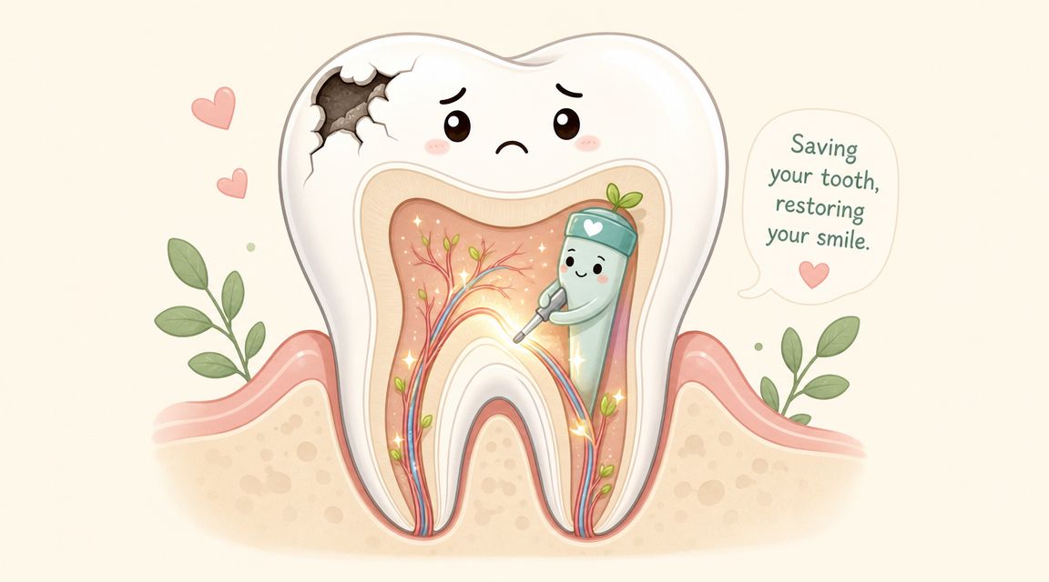 A cute cartoon illustration of a tooth undergoing a root canal procedure to restore dental health.