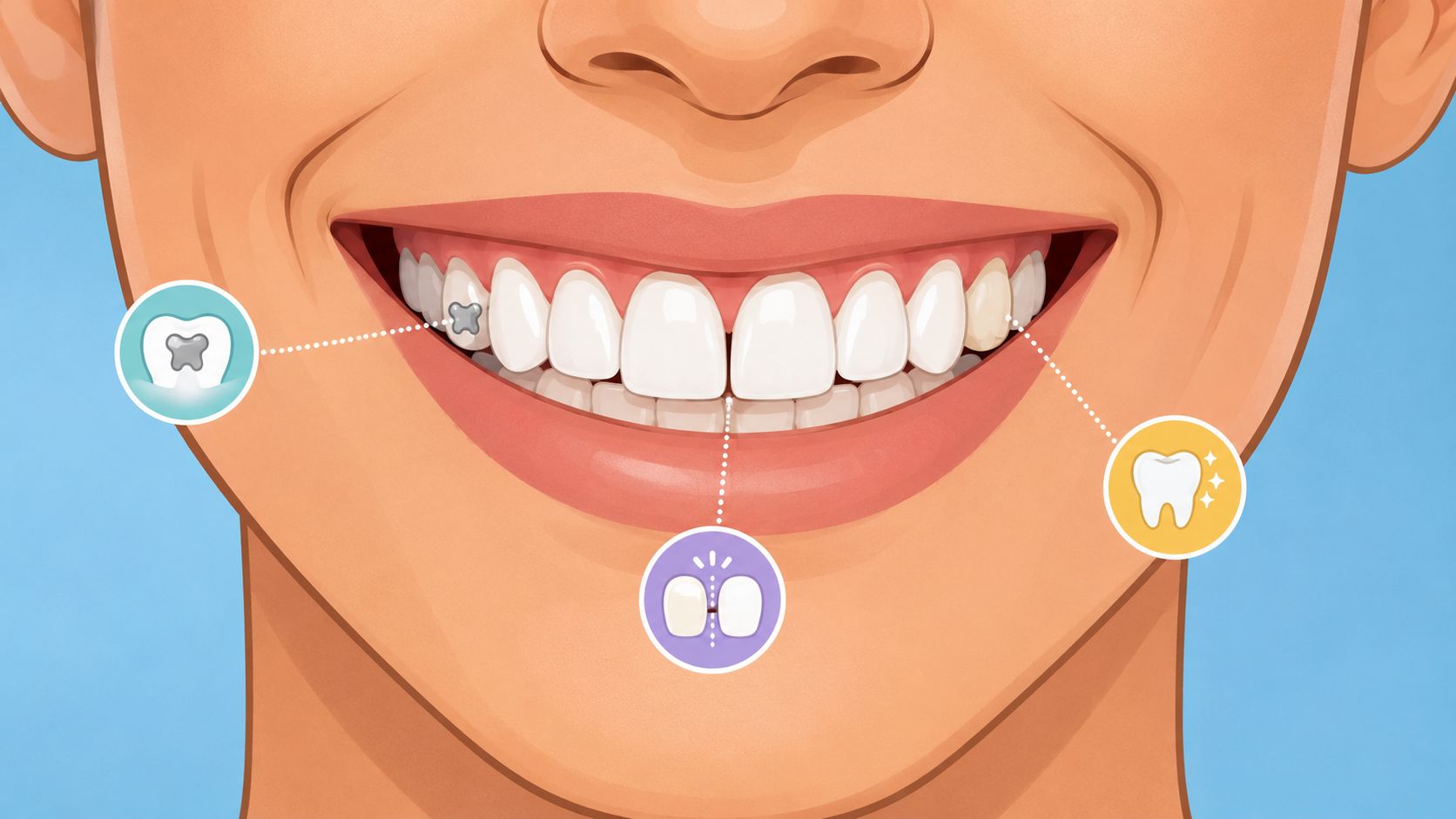 A close-up illustration showing dental treatment options for adults, including fillings, teeth whitening, and gap correction.