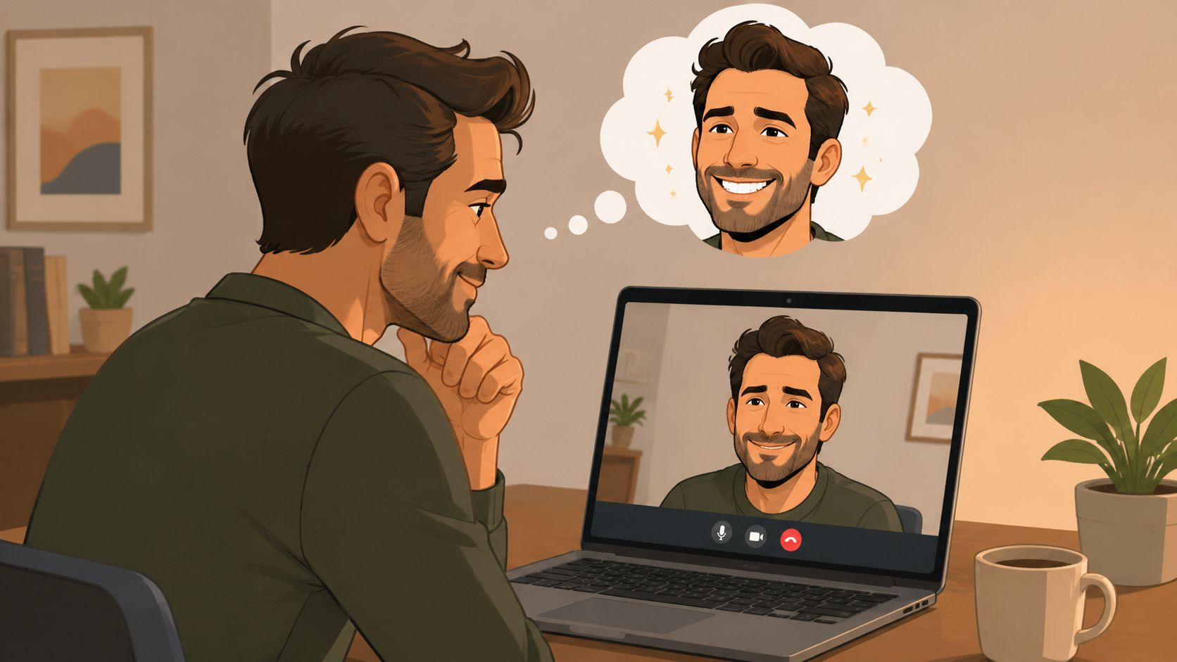 A man smiling at his reflection on a laptop screen during a video call, imagining his perfect teeth.