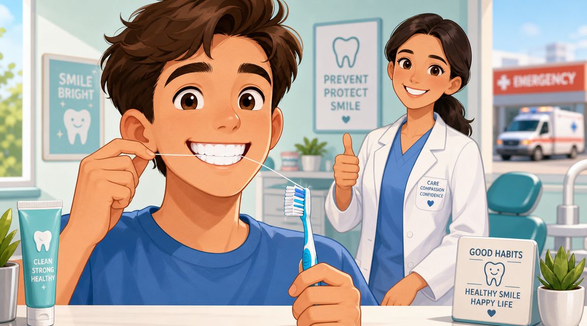 A happy young boy flossing his teeth next to a dentist giving a thumbs up in office.