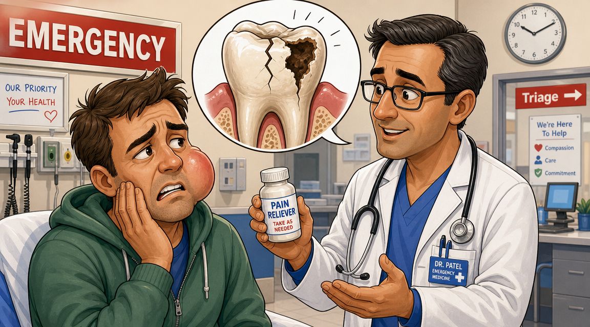 A doctor explaining a toothache diagnosis and pain medication to a patient with a swollen face.