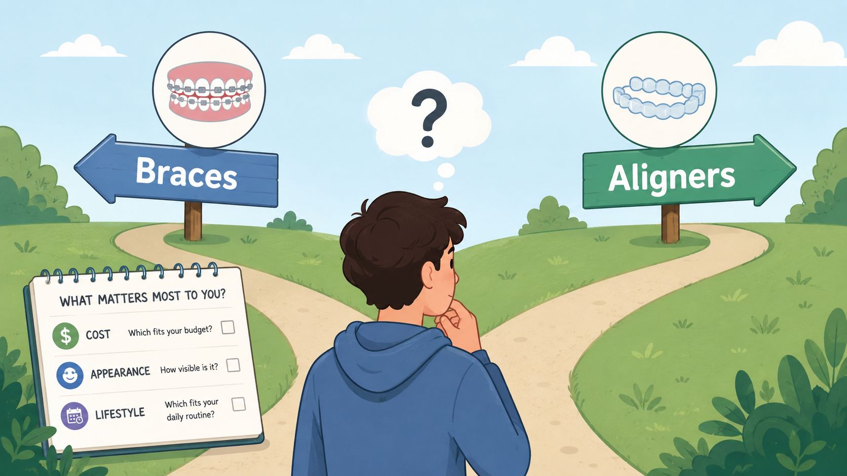 A person standing at a fork in the road considering the choice between metal braces and clear aligners.