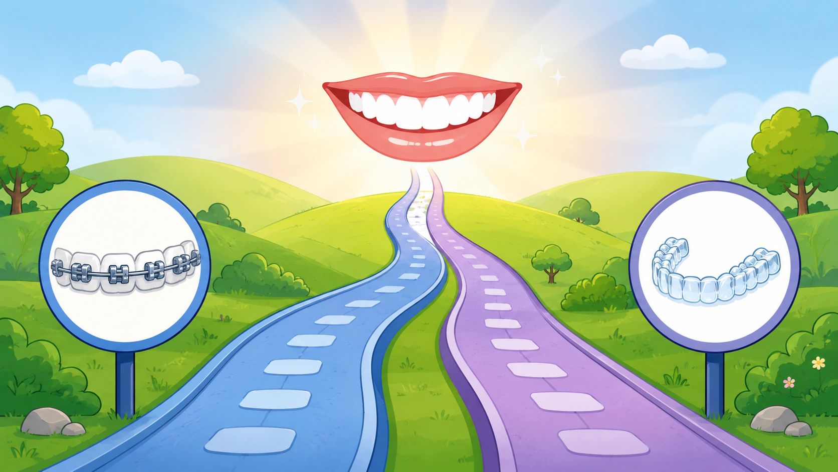 An illustration comparing traditional metal dental braces and clear aligners leading toward a perfect smiling mouth.
