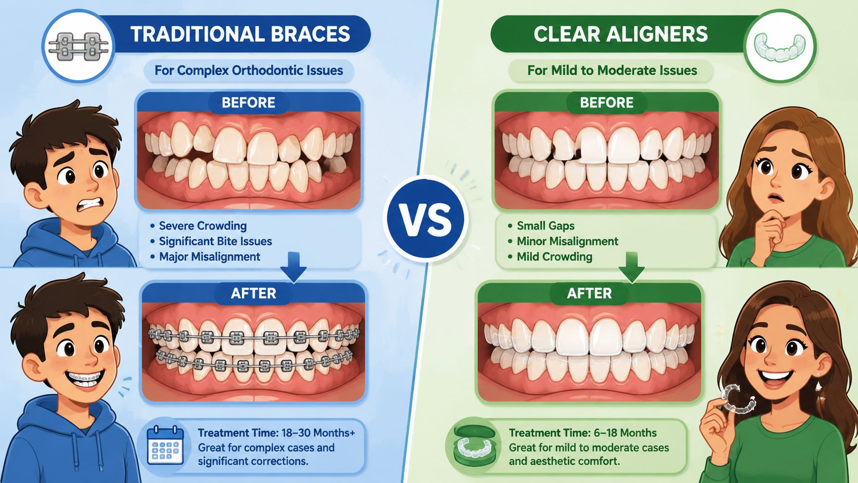 A comparison infographic showing traditional metal braces for complex cases versus clear aligners for mild issues.