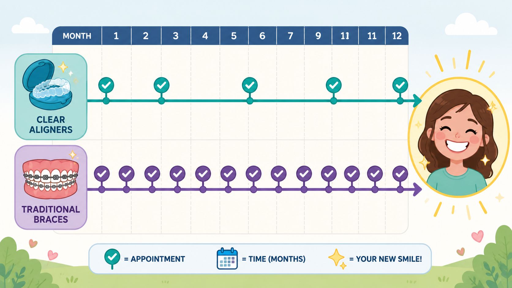 A comparison chart showing fewer appointments for clear aligners versus traditional braces over a twelve-month period.