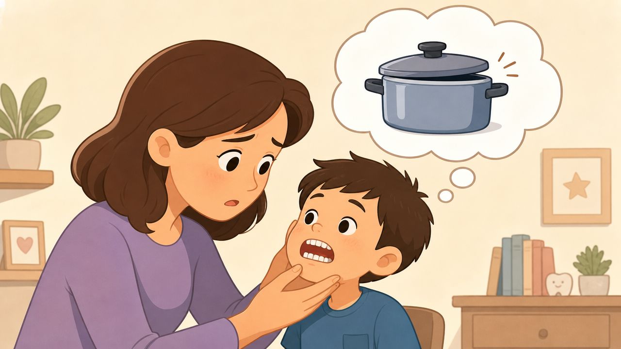 A concerned mother examining her young son's teeth while he imagines a cooking pot.