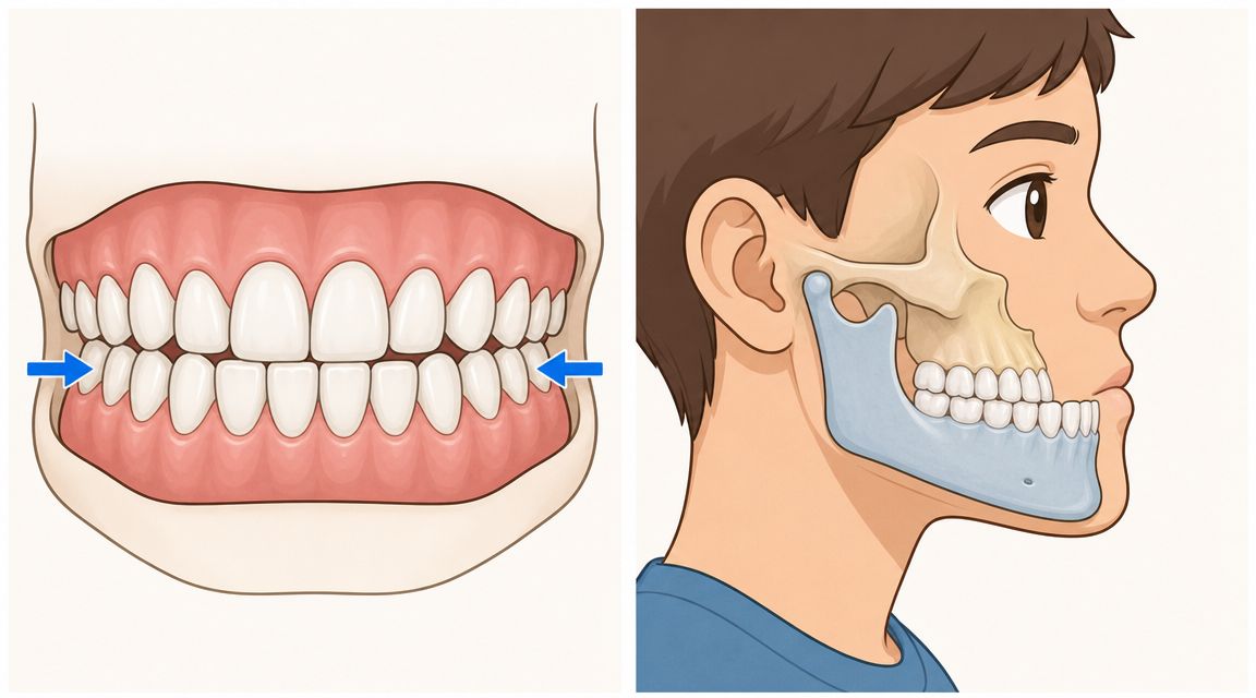A diagram comparing normal dental occlusion and a skeletal crossbite showing jaw alignment from side and front.