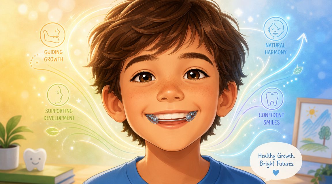 A happy young boy wearing a dental appliance, symbolizing healthy orthodontic growth and confident future smiles.