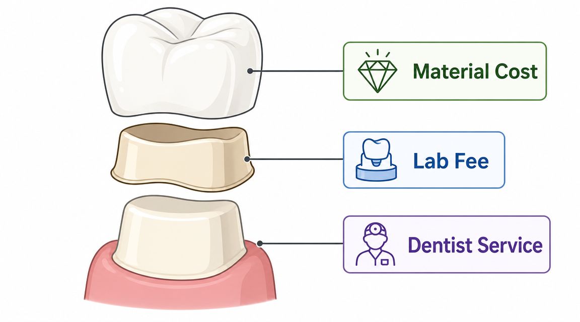 A diagram illustrating the three components of dental crown cost including material, lab fees, and dentist services.