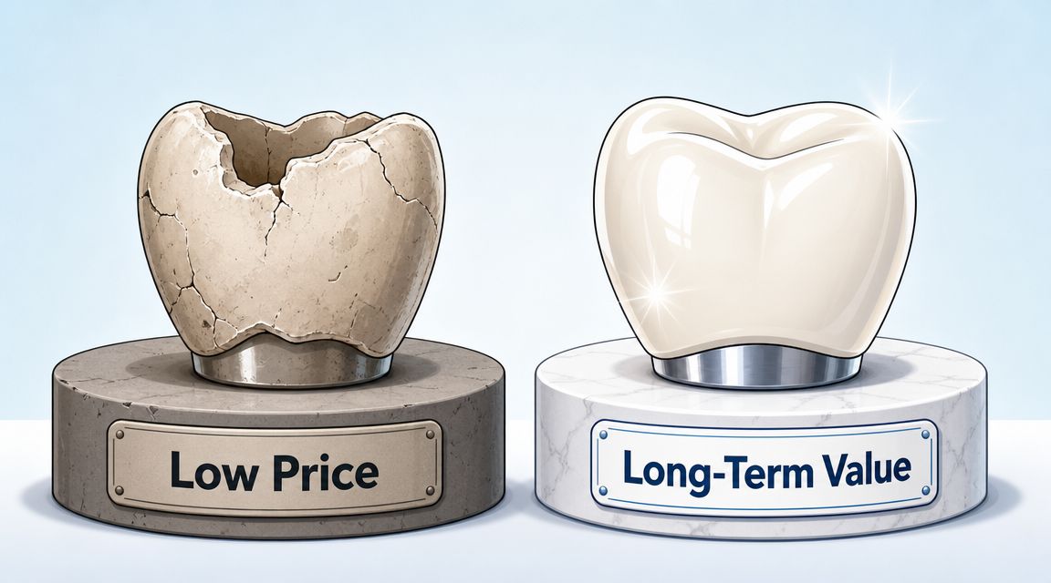 A comparison showing a cracked, aged tooth for Low Price versus a shiny, healthy tooth for Long-Term Value.