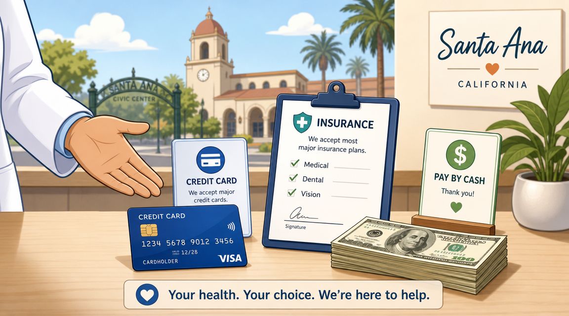 A professional doctor's office in Santa Ana, California, displaying payment options for dental and medical services.