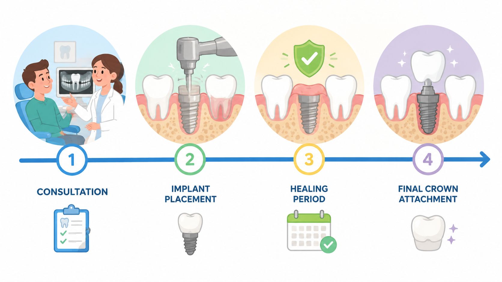An infographic illustrating the four-step dental implant process from initial consultation to final crown attachment.