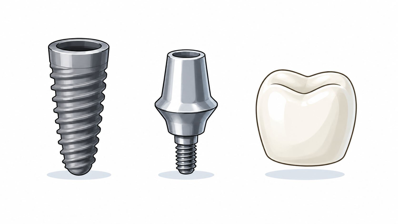 An illustration showing three components of a dental implant: the screw, the abutment, and the crown.