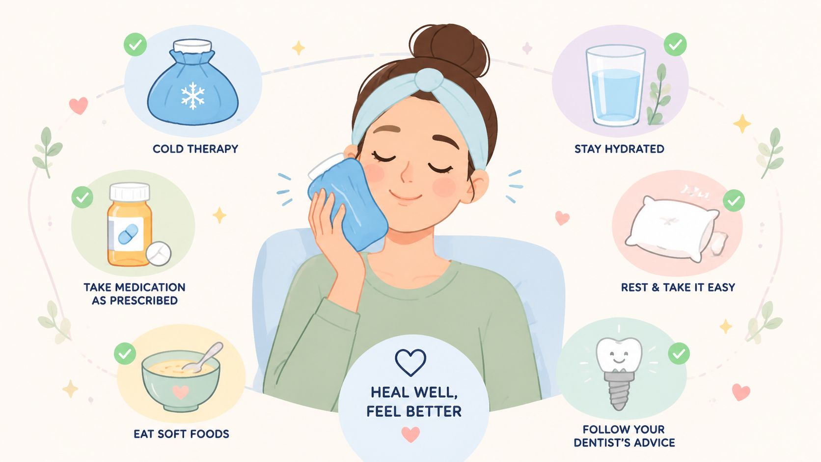 An illustration showing recovery tips after dental surgery including cold therapy, hydration, medication, rest, and soft foods.