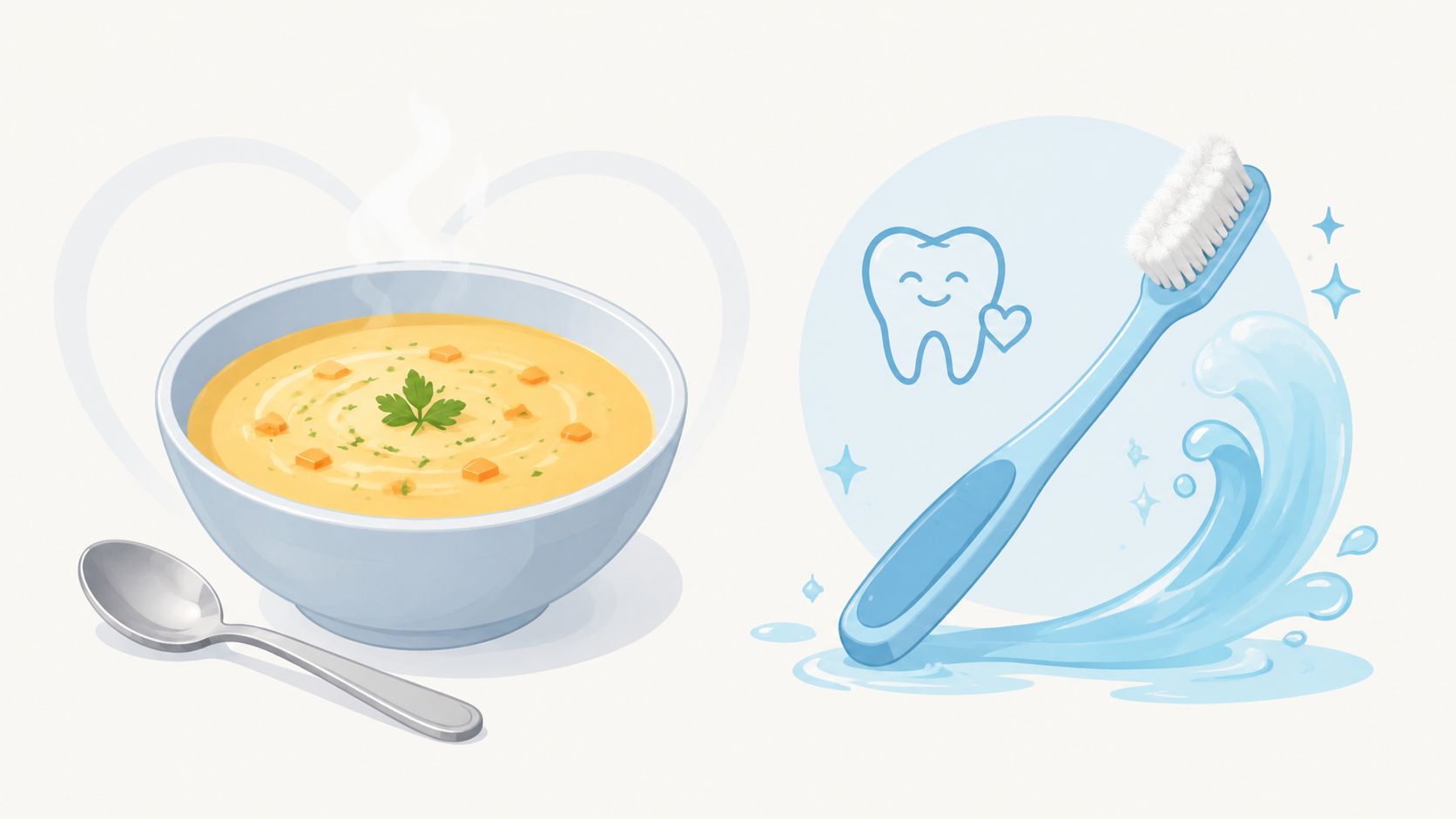 A bowl of warm soup with a spoon next to a toothbrush, representing dental recovery habits.