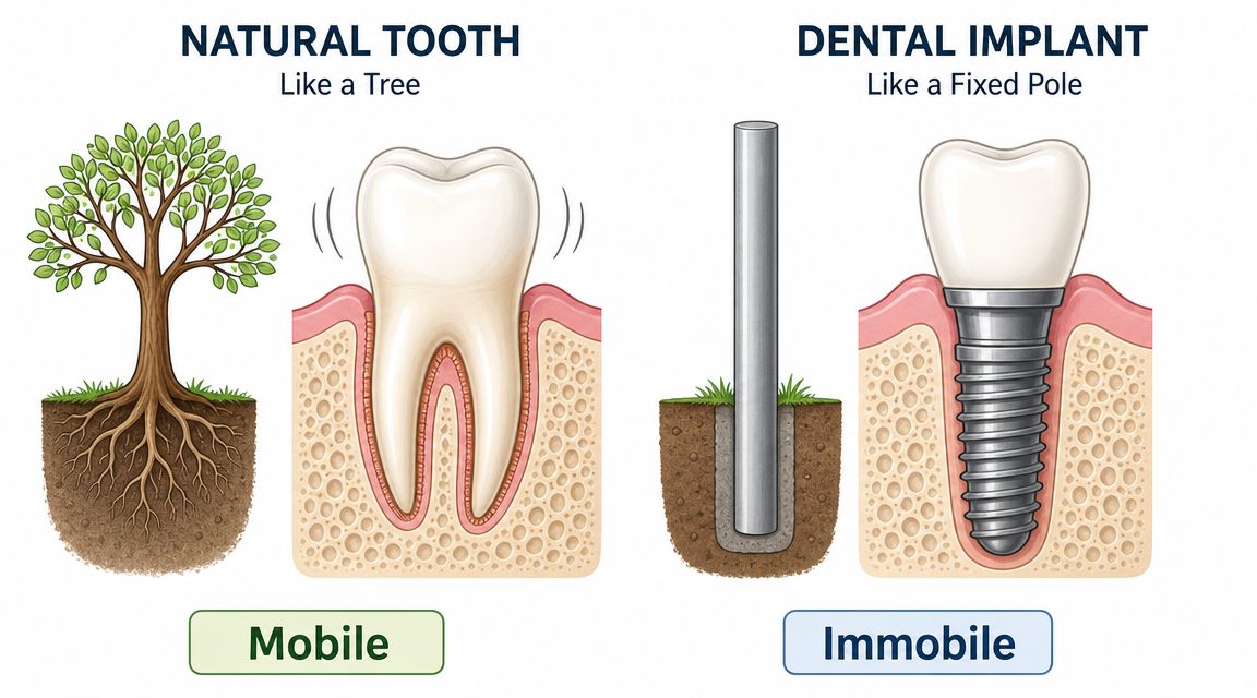 A diagram comparing a natural tooth with a mobile tree root to an immobile dental implant pole.