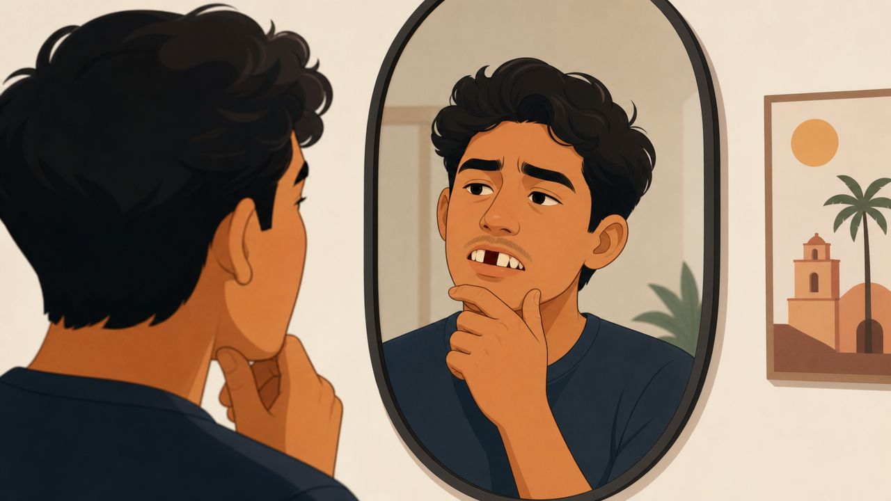 A young man looking at his reflection in the mirror with a missing front tooth.