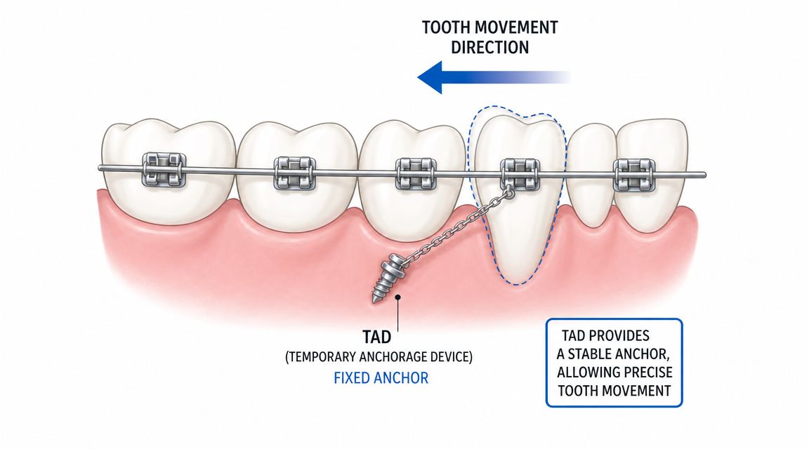 A diagram illustrating a Temporary Anchorage Device (TAD) used in orthodontic treatment to move a specific tooth.