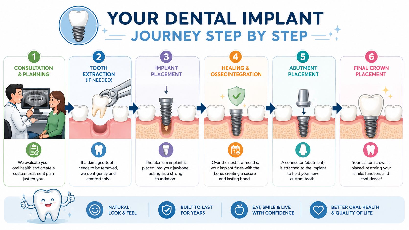 A step-by-step infographic illustrating the dental implant process from initial consultation to final crown placement.