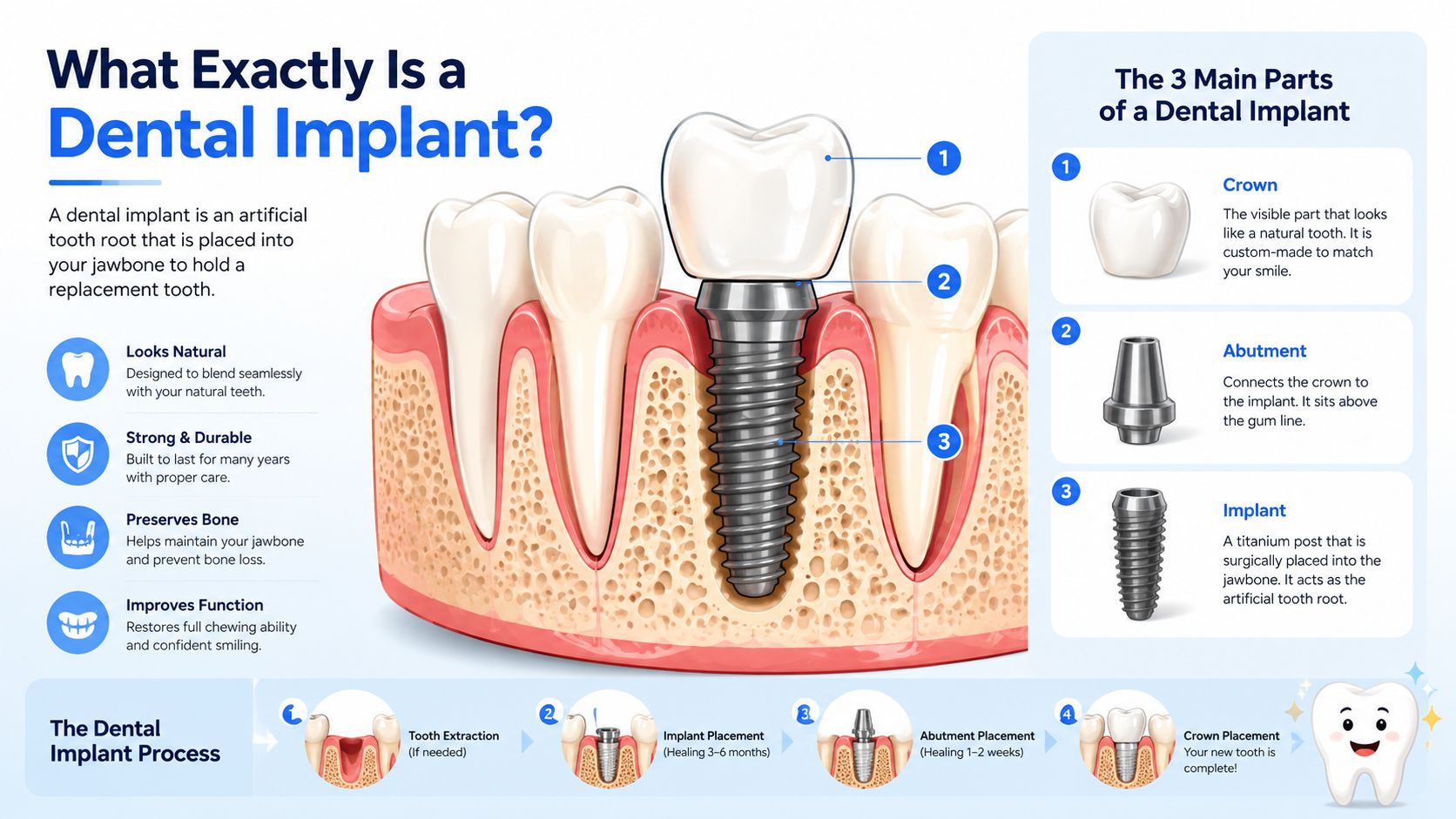 A diagram illustrating the three main parts of a dental implant and the four-step procedure process.