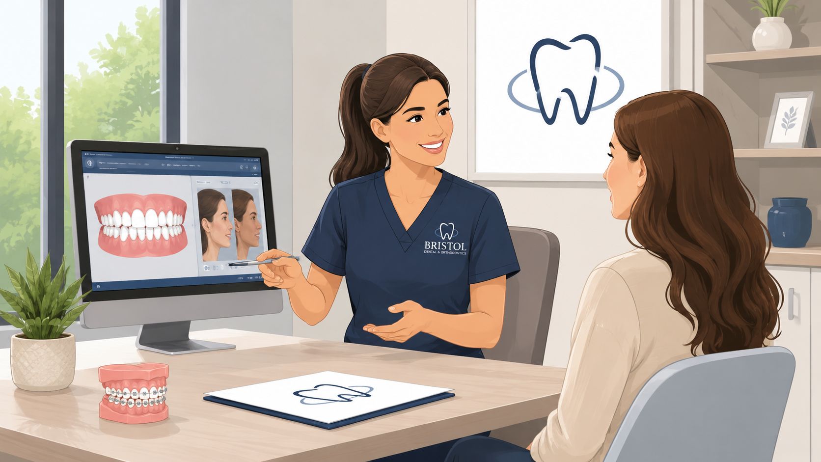 A female orthodontist explaining digital dental treatment plans to a patient in a modern dental office.