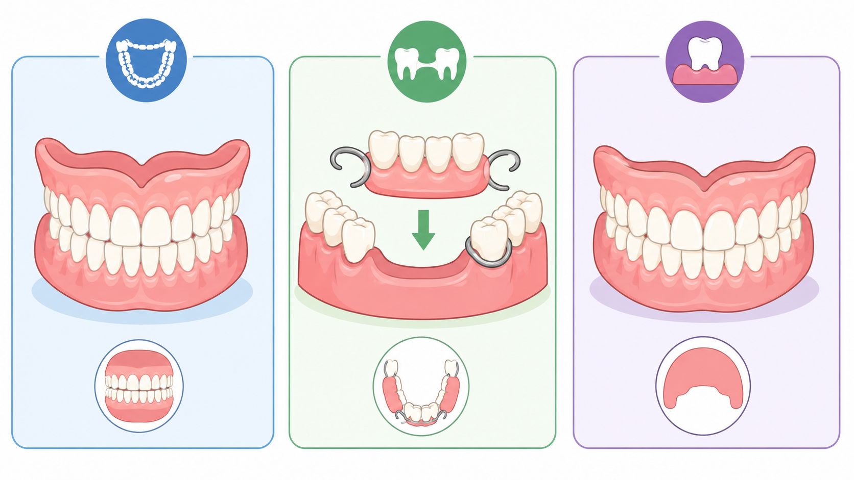 Illustration comparing full dentures, partial dentures, and a dental implant procedure for tooth replacement options.