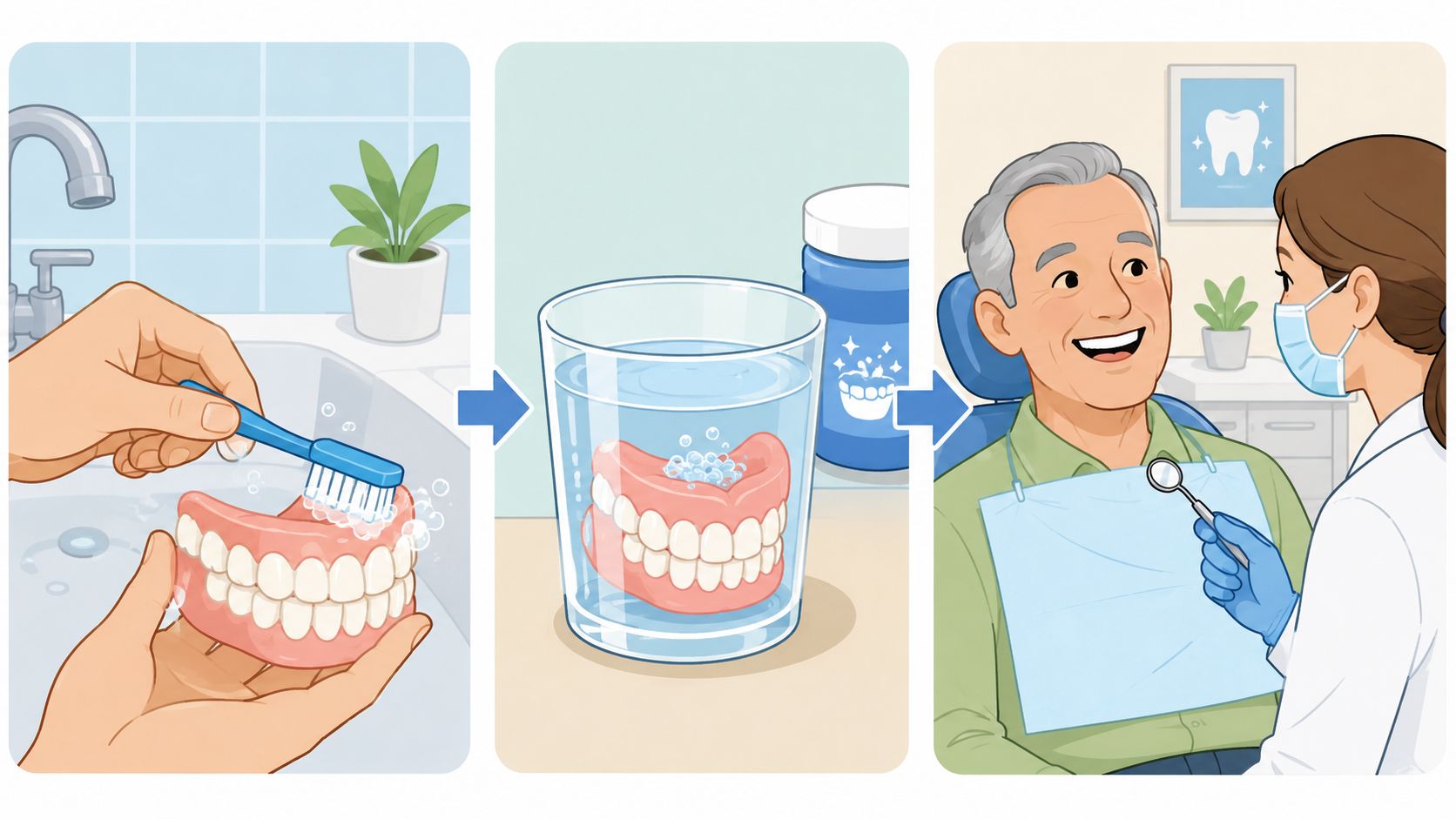 A three-step illustration showing the cleaning, soaking, and professional dental examination process for dentures.