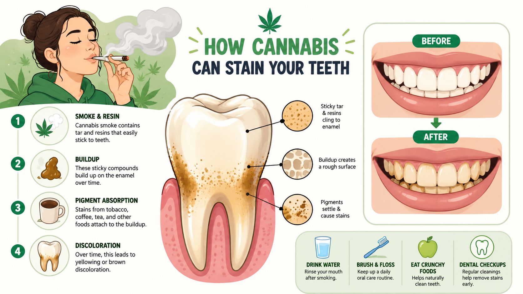 An infographic showing how cannabis smoke causes tooth staining, buildup, and discoloration with tips for oral hygiene.