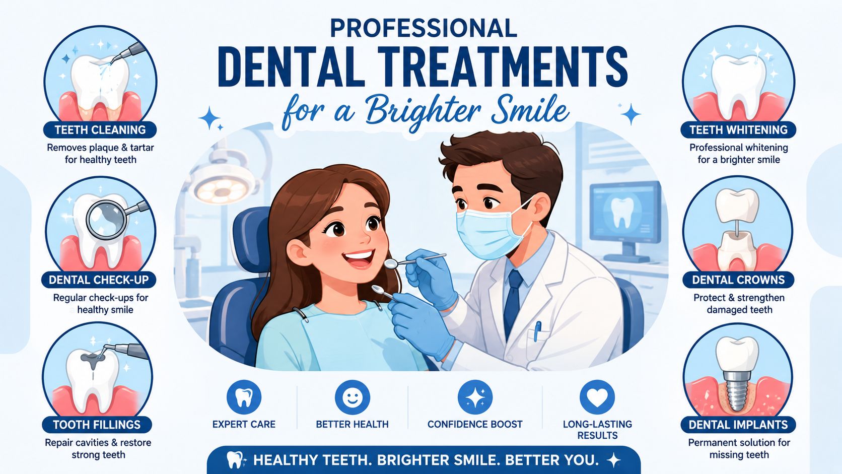 A professional infographic showcasing various dental treatments, including cleanings, fillings, whitening, crowns, and implants for a healthy smile.