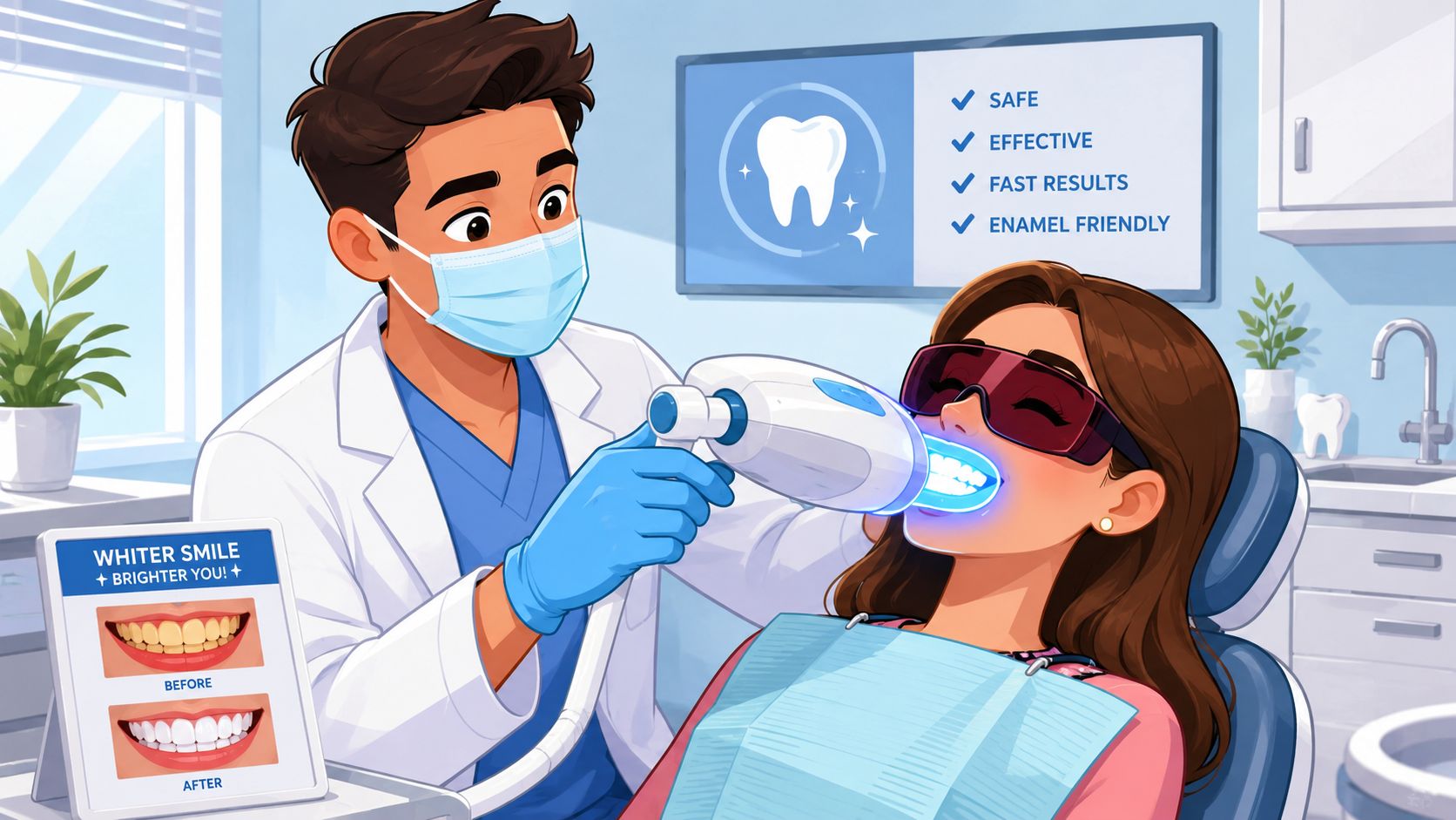 A dentist performs a professional teeth whitening treatment on a woman in a modern clinical office setting.