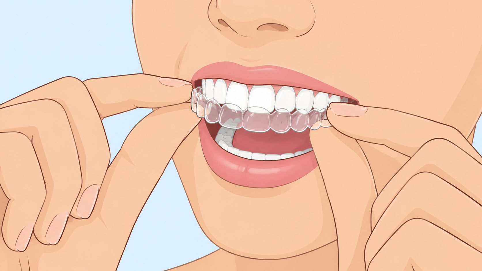 A close-up illustration of a person's hands placing clear aligner trays onto their upper teeth.