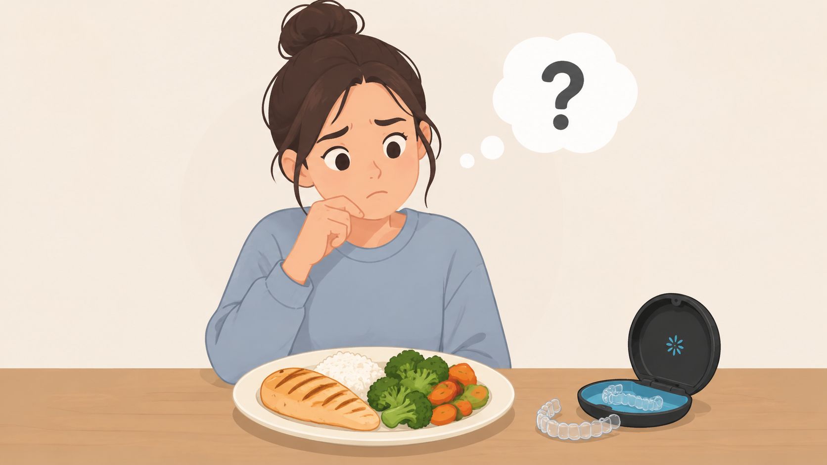 A girl sitting at a table with a plate of food, contemplating removing her clear aligners.