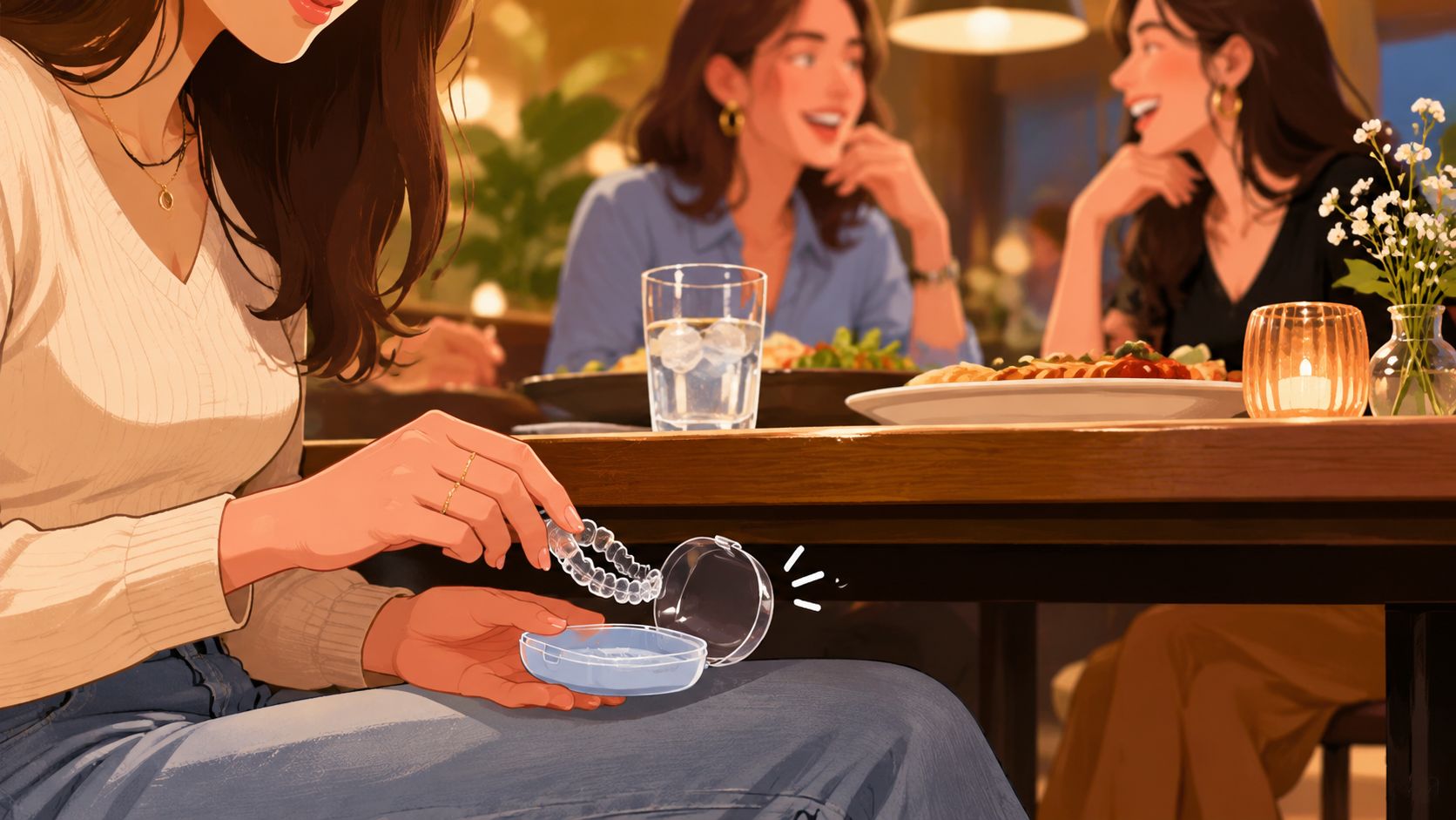 A woman holding her clear teeth aligners while dining out with her friends at a restaurant.