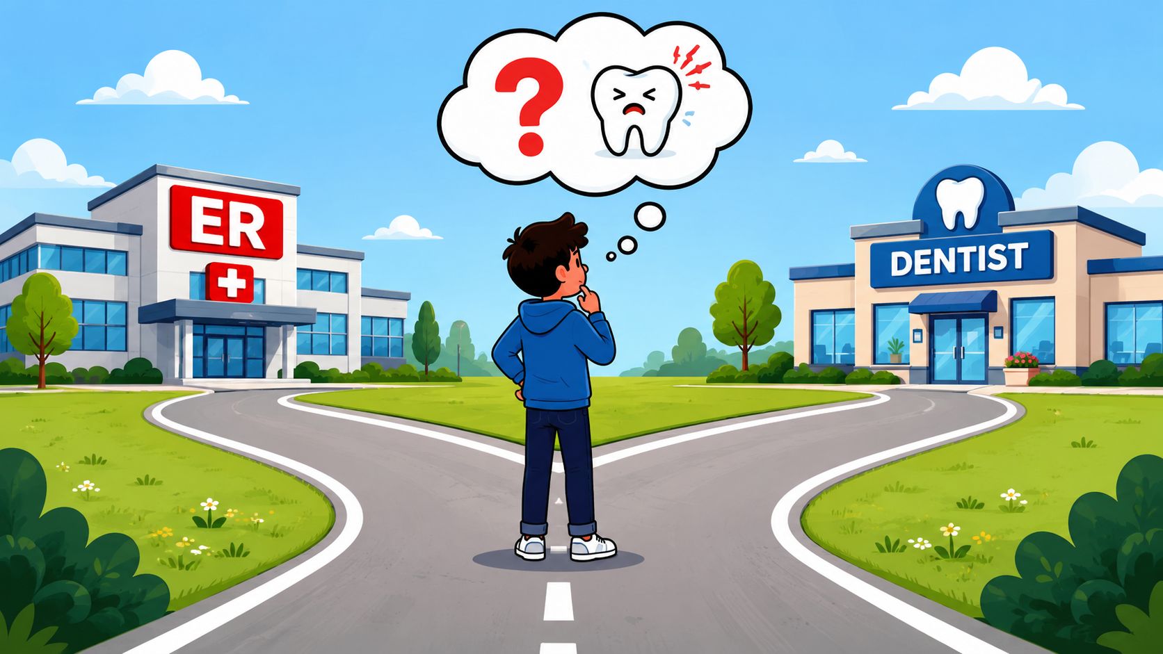 A young person standing at a fork in the road choosing between an emergency room and a dentist.