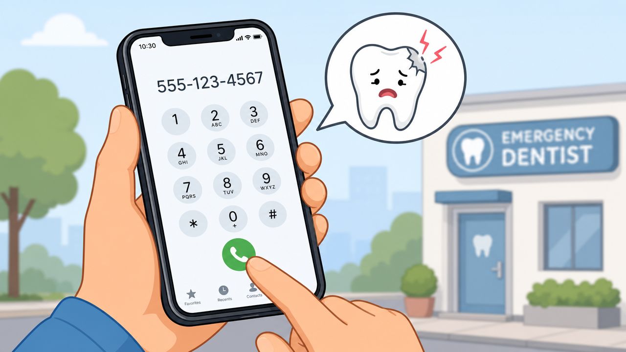 A hand dialing an emergency dentist's phone number on a smartphone in front of a dental clinic.