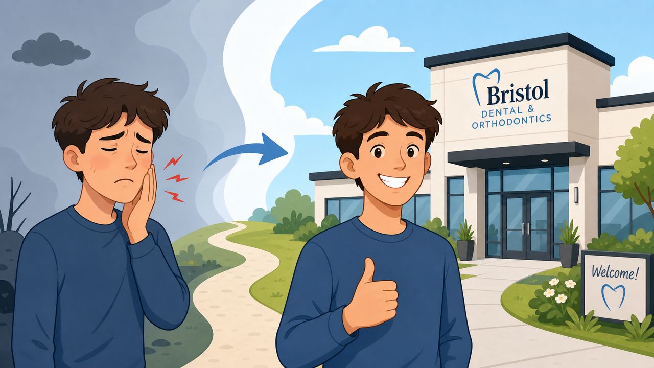A cartoon showing a person suffering from tooth pain visiting a Bristol Dental and Orthodontics clinic.