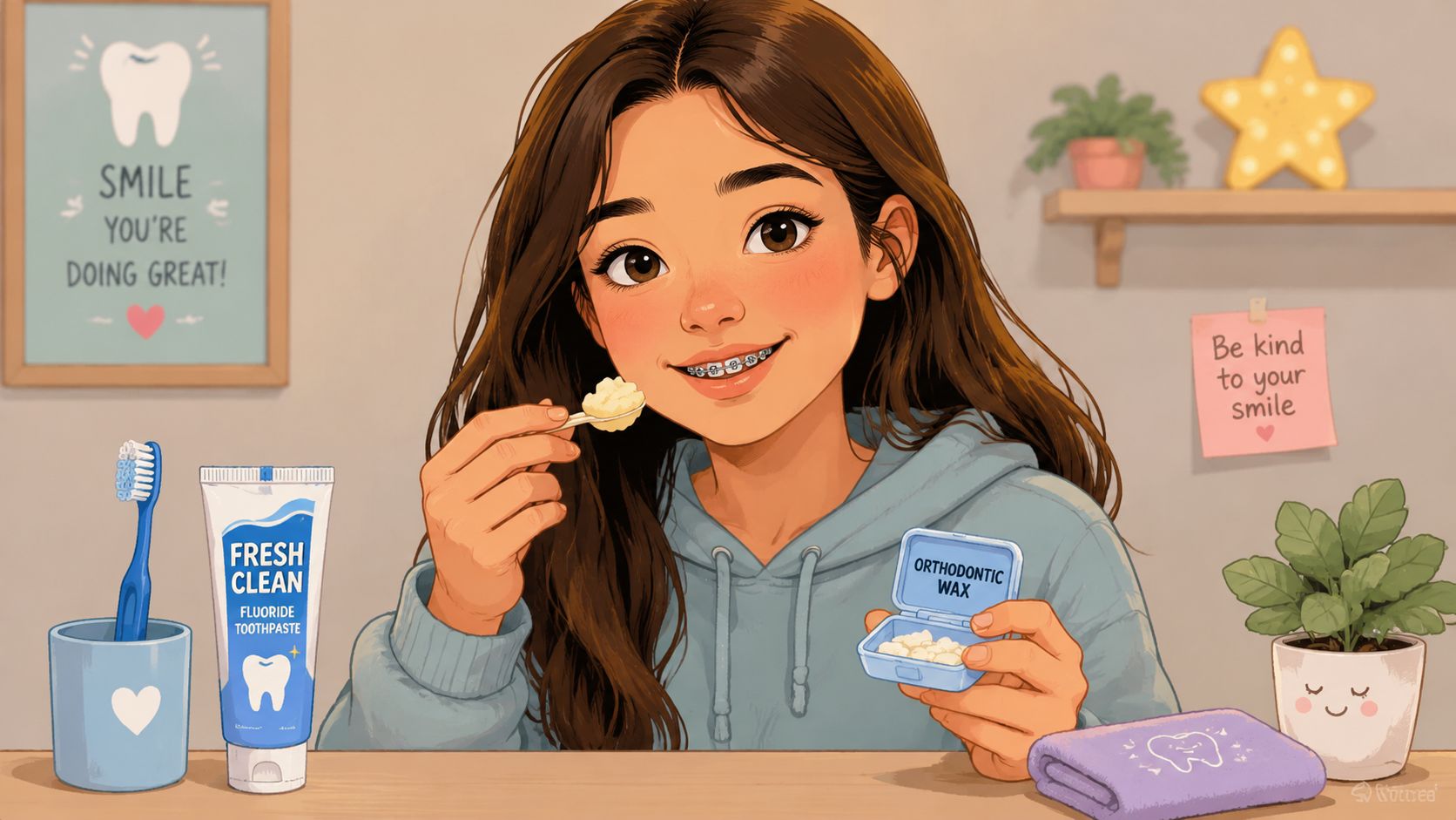 A teenage girl with brown hair wearing braces, holding orthodontic wax and a spoon while sitting at a desk.