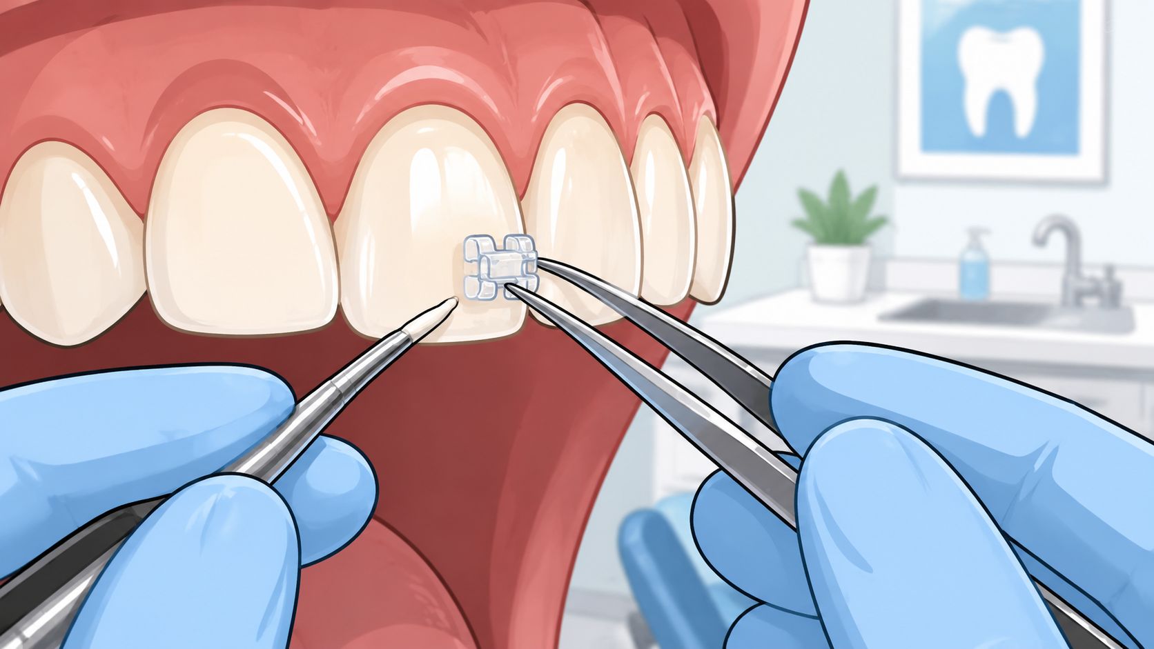 A dentist wearing blue gloves places a clear orthodontic bracket onto a front tooth with specialized tools.