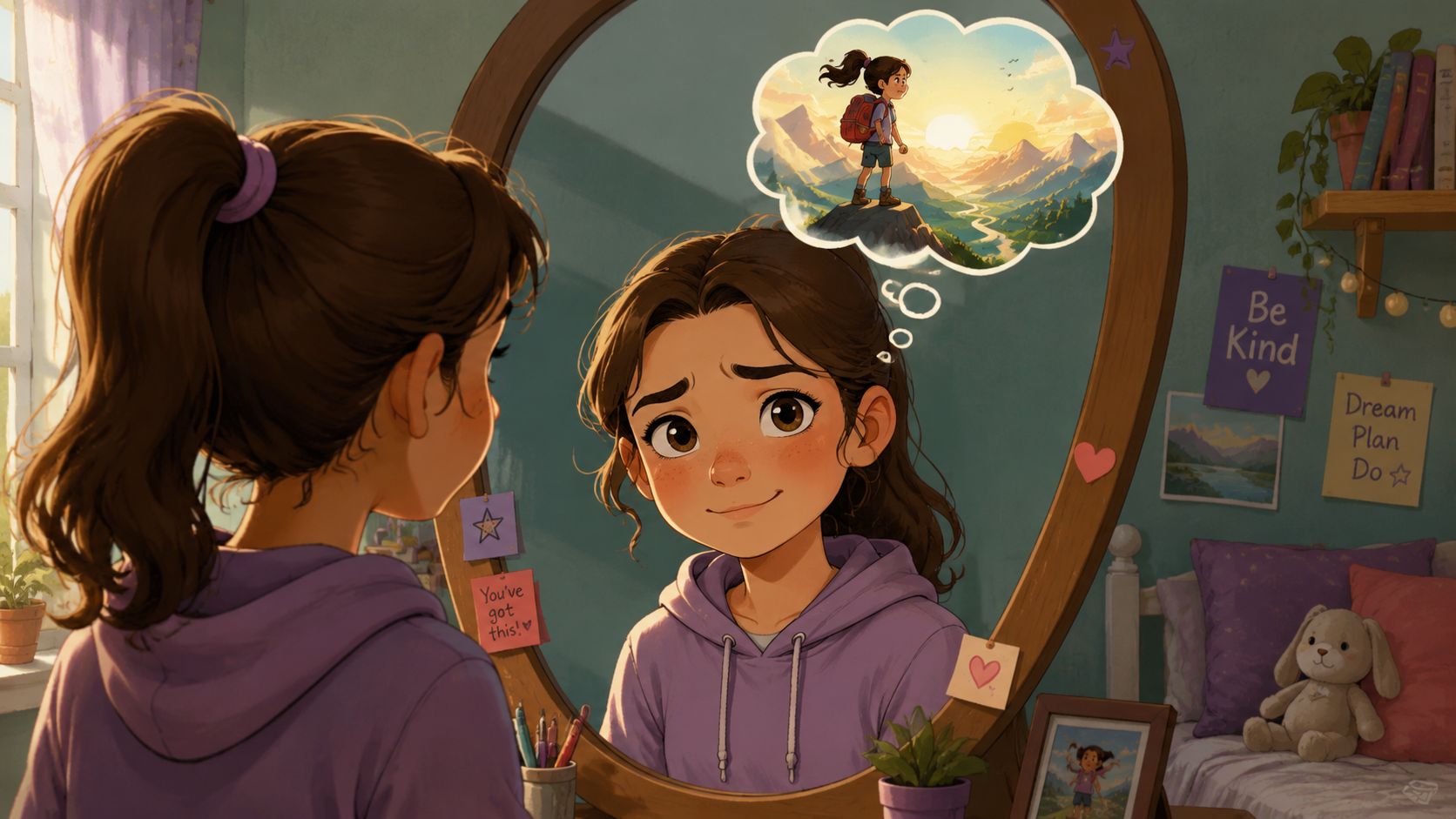 A girl looking into a mirror, imagining herself hiking in mountains on a sunny day.