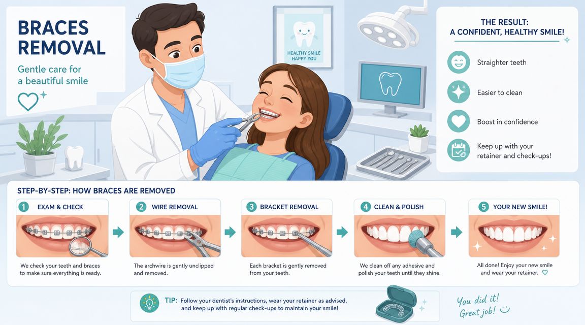 A dental infographic detailing the five-step process of professional braces removal for a patient's healthy smile.