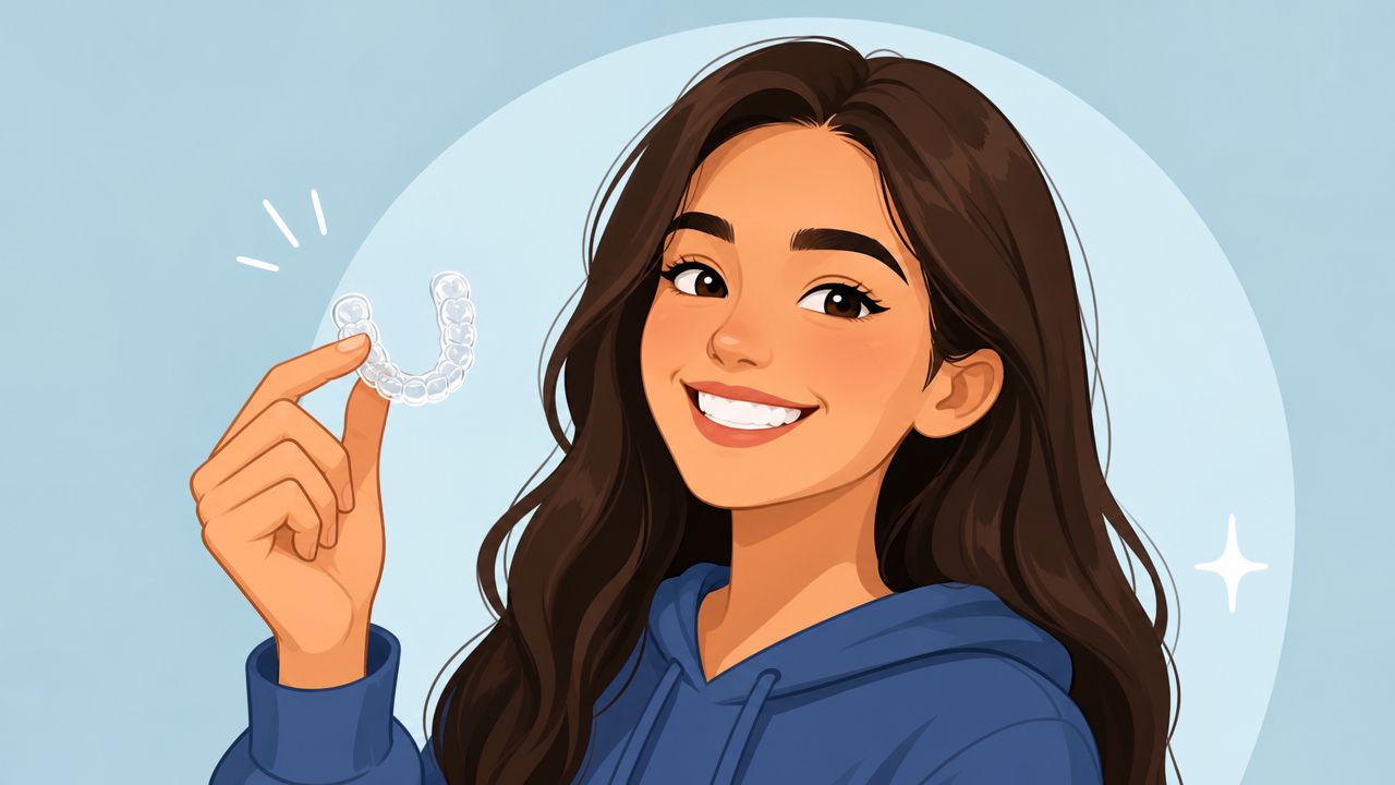 A young woman smiling and holding a transparent clear aligner in her hand for teeth correction.