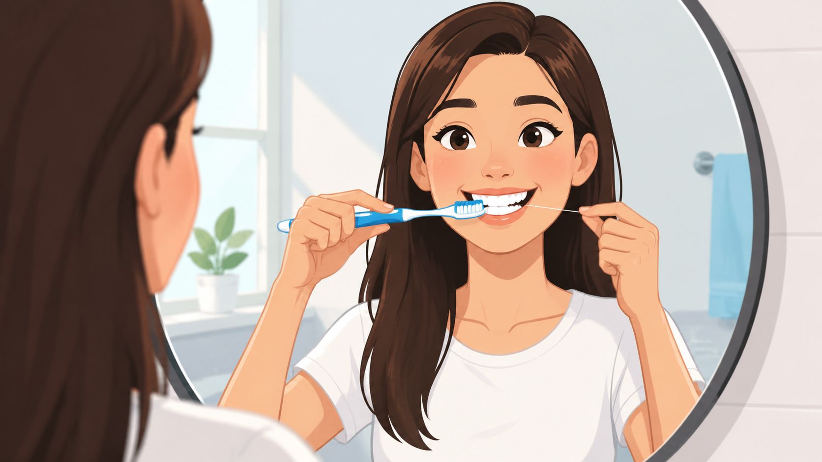 A young woman smiling at her reflection in the mirror while brushing and flossing her teeth.